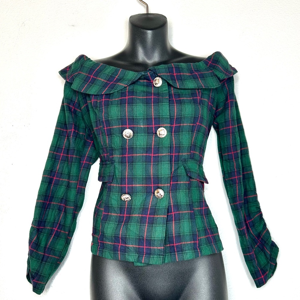 Sugar Lips Women’s Off Shoulder Green Tartan Plaid Top M 100% Cotton Goth Grunge
